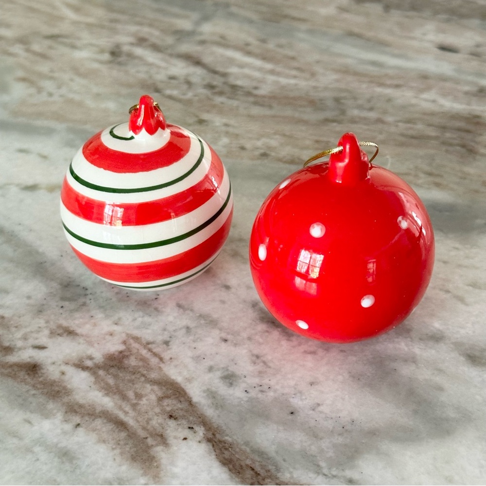 Set of 2 Ceramic Christmas Ornaments Red, White & Green Polka Dot & Stripes